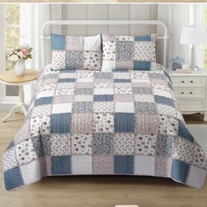 Ditsy Blue Floral Printed Patchwork Rag King Quilt Set Cottagecore Farmhouse